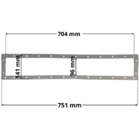 Guarnizione ricambio per skimmer sfioratore Pool's. Dimensioni indicate: larghezza massima esterna 751 mm, altezza massima esterna 141 mm, larghezza massima interna del foro rettangolare 707 mm e altezza massima esterna 96 mm.