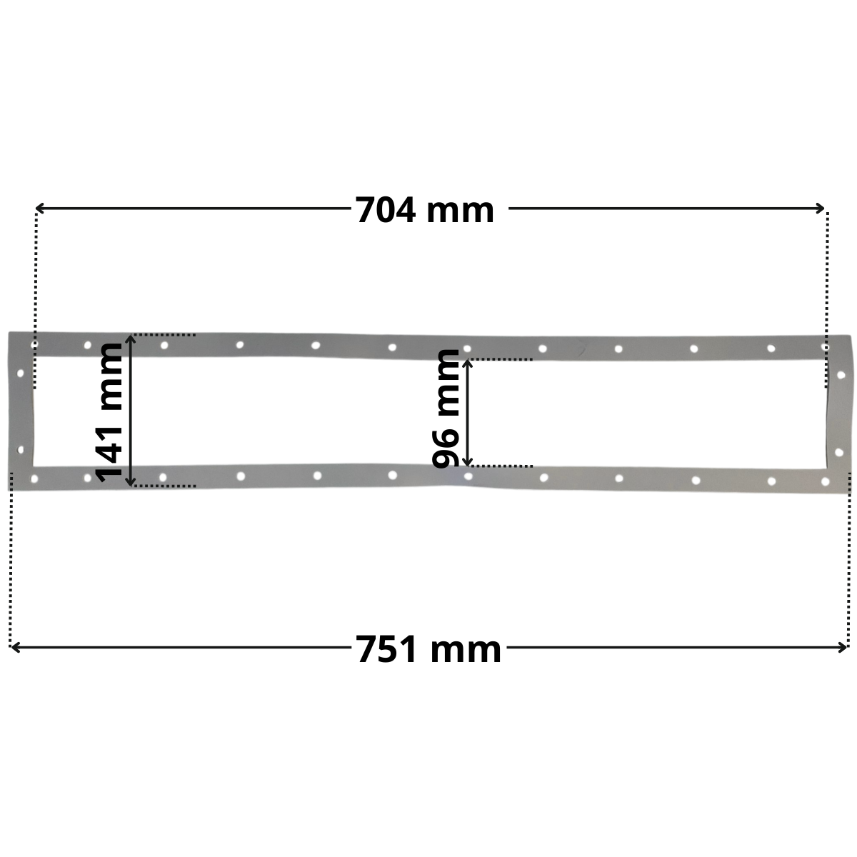 Guarnizione ricambio per skimmer sfioratore Pool's. Dimensioni indicate: larghezza massima esterna 751 mm, altezza massima esterna 141 mm, larghezza massima interna del foro rettangolare 707 mm e altezza massima esterna 96 mm.