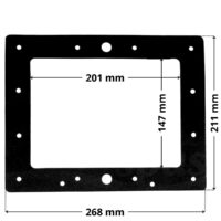 Guarnizione piana ricambio per skimmer piscina Hayward SP1082, SP1084, SP1085, SP1085C, Hayward, forma rettangolare con foro centrale rettangolare. Dimensioni indicate: larghezza esterna 268 mm, altezza esterna 211 mm, larghezza interna del foro rettangolare 201 mm, altezza interna del foro rettangolare 147 mm.