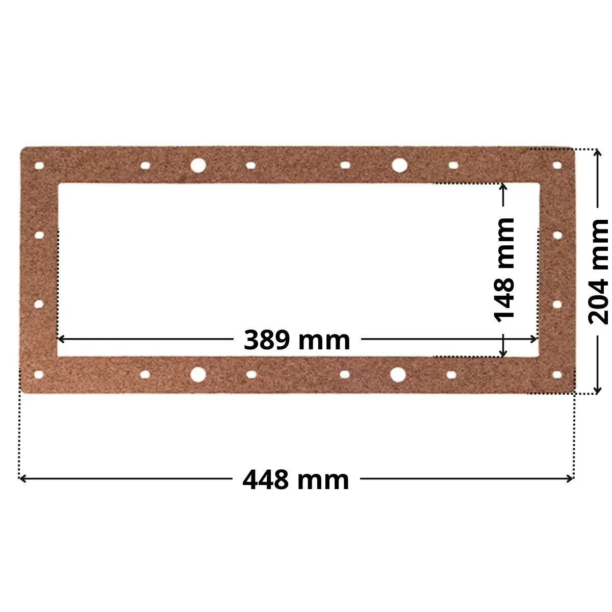 Guarnizione piana ricambio per skimmer SP1085, SP1085C Hayward, forma rettangolare con foro centrale rettangolare. Dimensioni indicate: larghezza esterna 448 mm, altezza esterna 204 mm, larghezza interna del foro rettangolare 389 mm, altezza interna del foro rettangolare 148 mm.