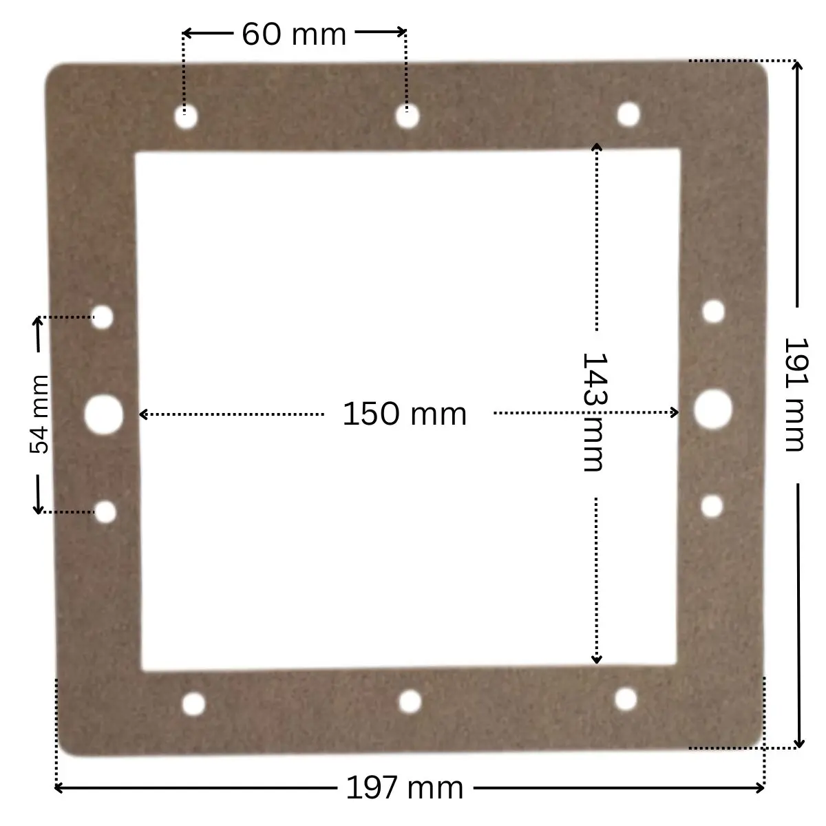 Guarnizione piana ricambio per skimmer piscina Hayward SP1094, forma rettangolare con foro centrale rettangolare. Dimensioni indicate: larghezza esterna 197 mm, altezza esterna 191 mm, larghezza interna del foro rettangolare 150 mm, altezza interna del foro rettangolare 143 mm; interasse orizzontale fori superiori 60 mm; interasse verticale dei due fori piccoli laterali 54 mm.