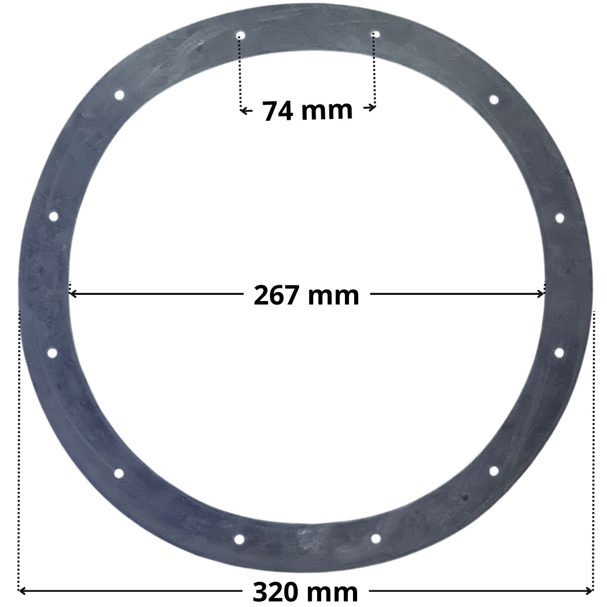 Guarnizione ricambio per bocchetta a pavimento regolabile 3 pollici Astralpool con quote dimensionali: diametro esterno 320 mm, diametro interno 267 mm e interasse fori di fissaggio 74 mm