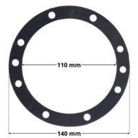 Guarnizione ricambio per faro subacqueo dicroico Astralpool, con quote dimensionali; diametro esterno 140 mm e diametro interno 110 mm.
