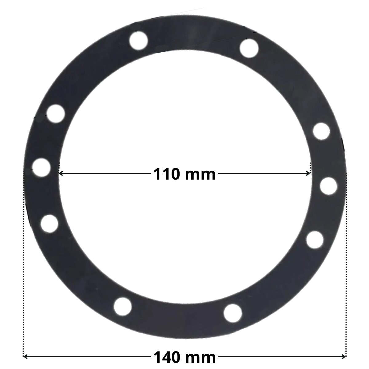 Guarnizione ricambio per faro subacqueo dicroico Astralpool, con quote dimensionali; diametro esterno 140 mm e diametro interno 110 mm.