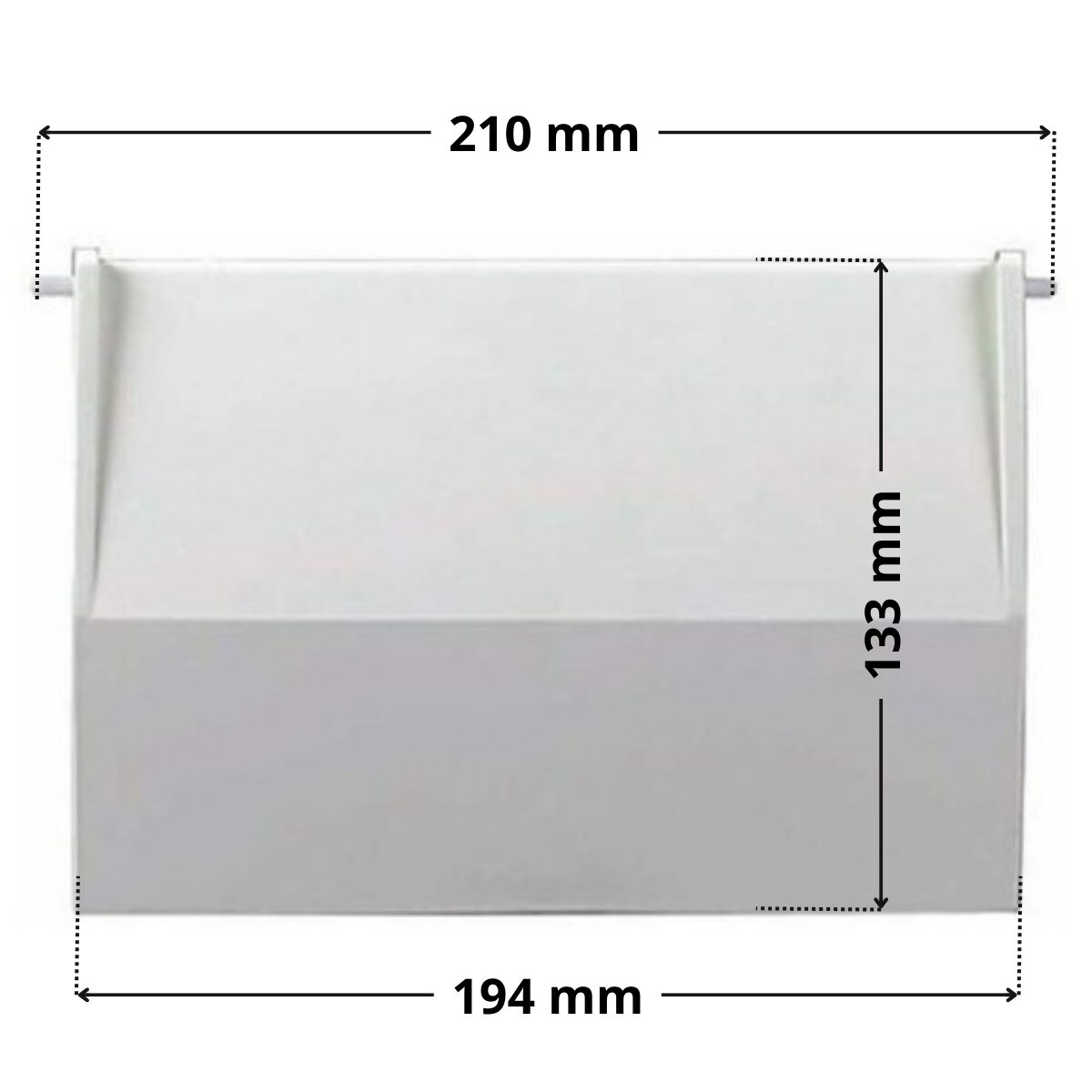 Kit composto da battente e perno ricambio per skimmer bocca larga e bocca stretta portata 15 litri Astralpool con quote dimensionali: larghezza 194 mm, altezza 133 mm e ingombro massimo con perno 210 mm