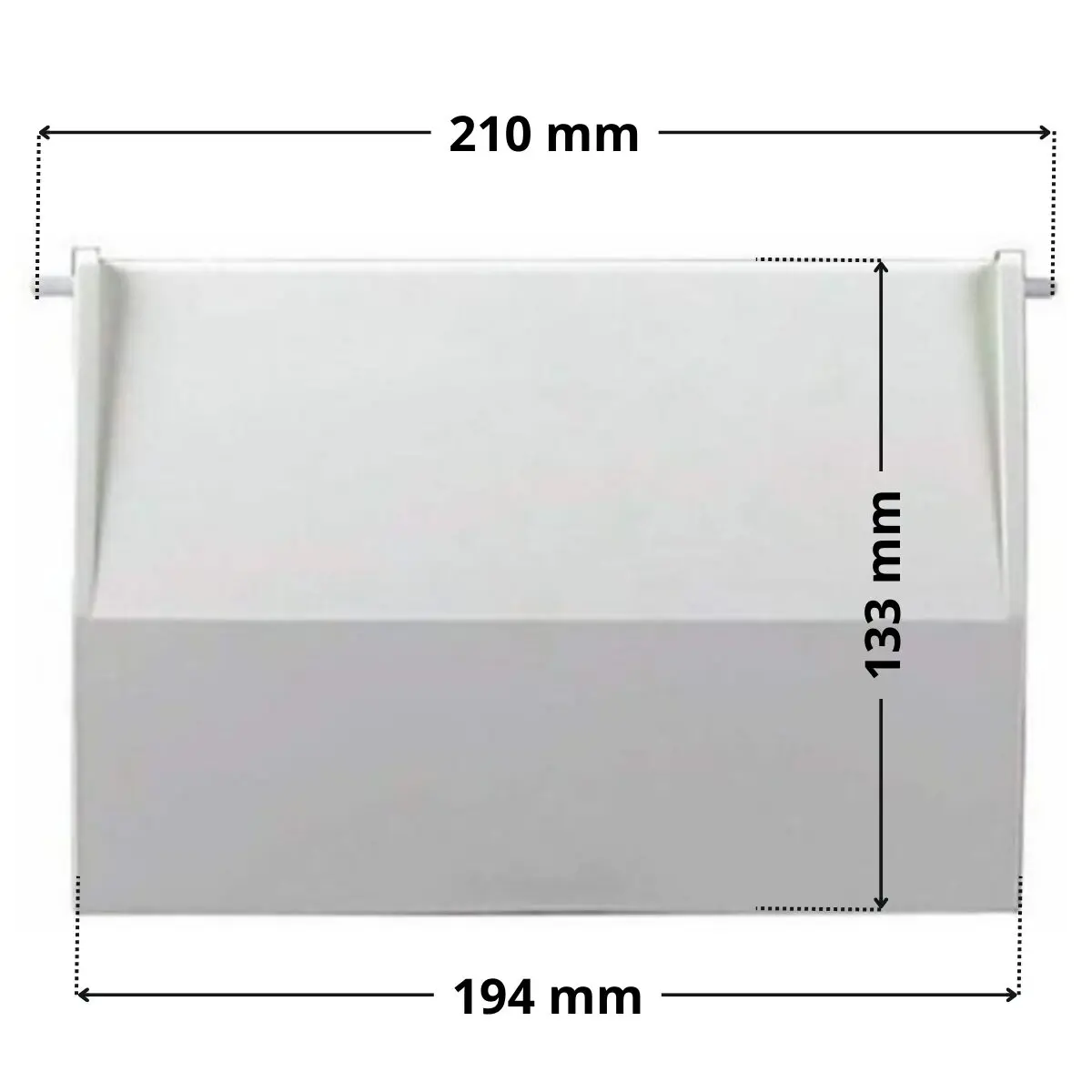 Kit composto da battente e perno ricambio per skimmer bocca larga e bocca stretta portata 15 litri Astralpool con quote dimensionali: larghezza 194 mm, altezza 133 mm e ingombro massimo con perno 210 mm
