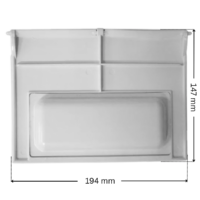 Vista posteriore del kit composto da battente e perno ricambio per skimmer Elegance A400 e Classic Weltico con quote dimensionali: larghezza 194 mm, altezza 147 mm