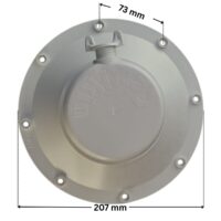 Kit composto da calotta e pressacavo ricambio per faro subacqueo PU09 Certikin, con quote dimensionali; diametro esterno 207 mm e interassi foro viti 73 mm.