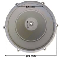 Vista frontale della calotta ricambio per faro subacqueo PL-PB84, PL-PB96 Aquareva con quote dimensionali: diametro esterno 190 mm e interasse fori fissaggio viti 95 mm