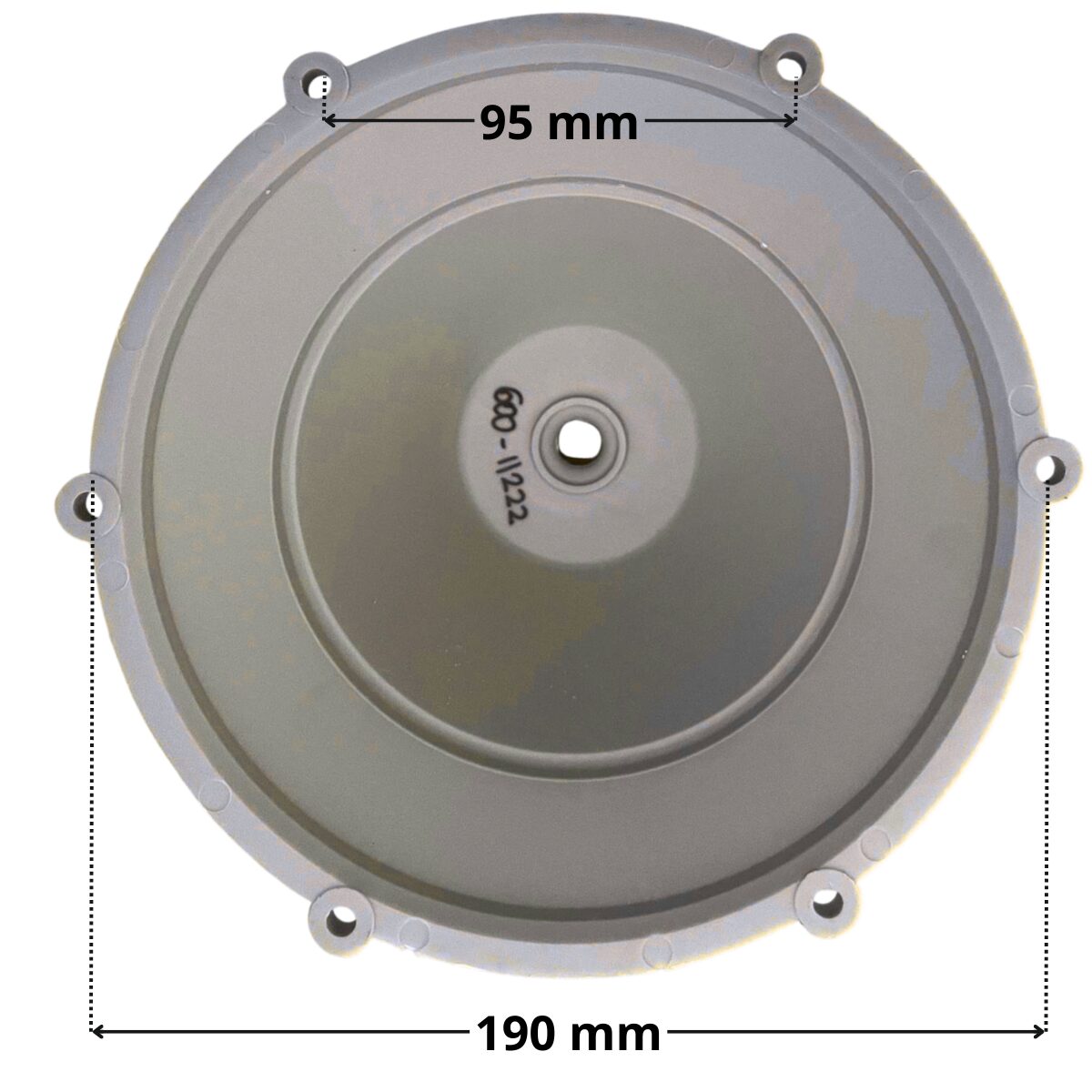 Vista frontale della calotta ricambio per faro subacqueo PL-PB84, PL-PB96 Aquareva con quote dimensionali: diametro esterno 190 mm e interasse fori fissaggio viti 95 mm