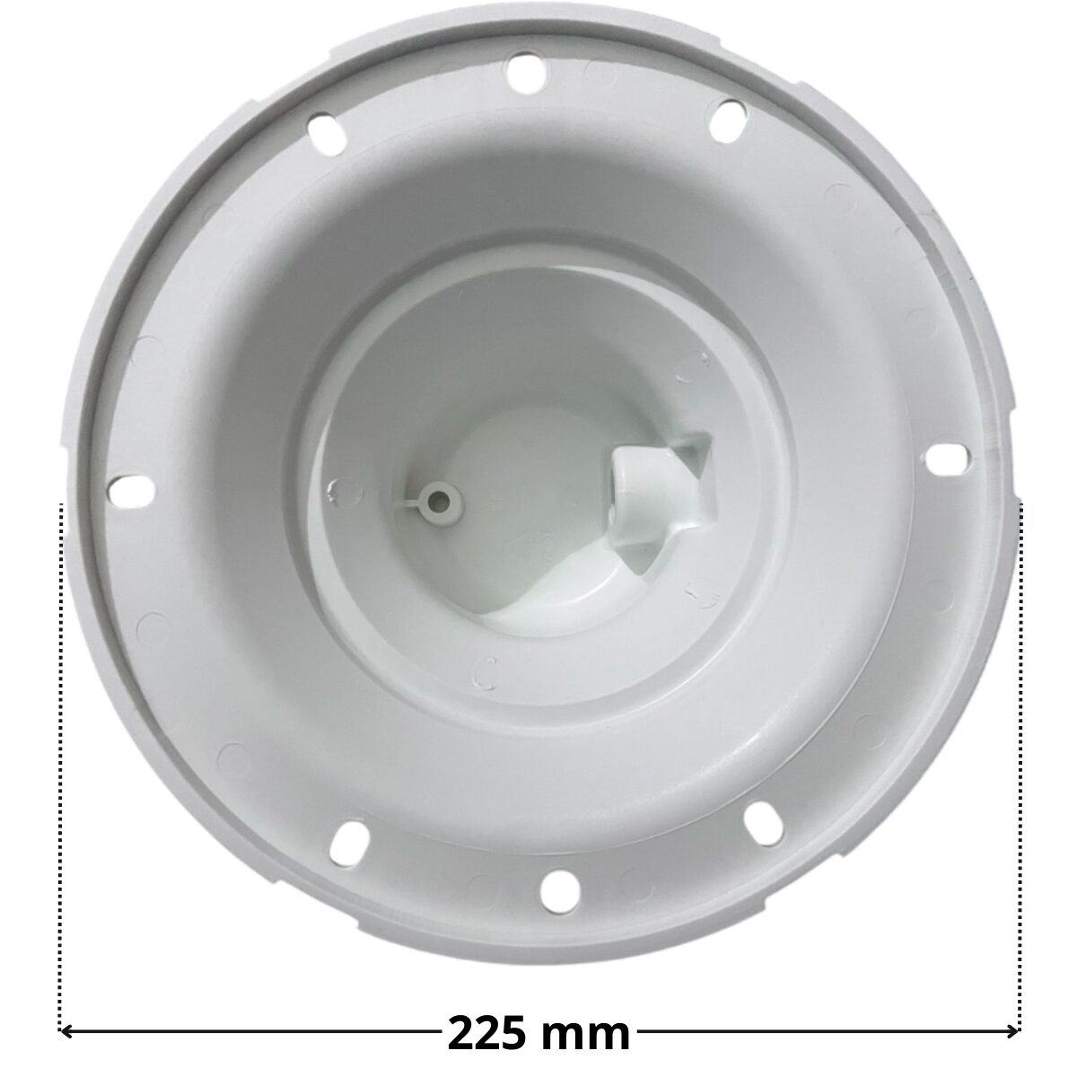 Vista frontale della calotta ricambio per faro subacqueo Standard e Lumiplus PAR56 Astralpool con quote dimensionali: diametro esterno 225 mm