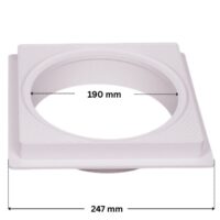 Cornice quadrata per skimmer bocca larga e bocca stretta, portata 15 litri Astralpool con quote dimensionali: larghezza 247 mm, diametro interno 190 mm.