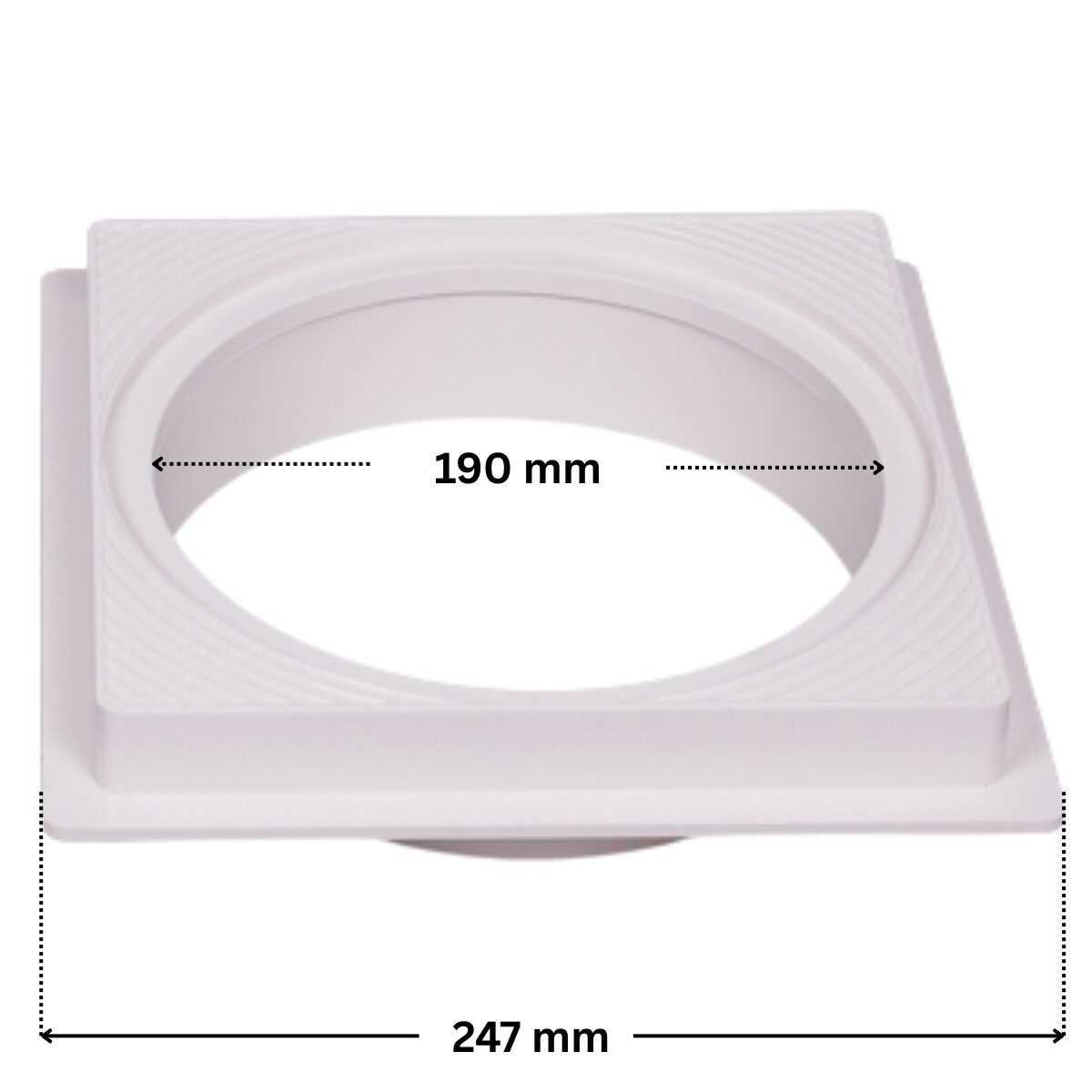 Cornice quadrata per skimmer bocca larga e bocca stretta, portata 15 litri Astralpool con quote dimensionali: larghezza 247 mm, diametro interno 190 mm.