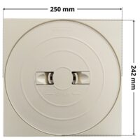 Vista da sopra del kit composto da coperchio rotondo e cornice quadrata ricambio per skimmer bocca larga e bocca stretta, portata 17,5 litri Astralpool con quote dimensionali: ingombro massimo cornice 250 mm diametro coperchio 242 mm