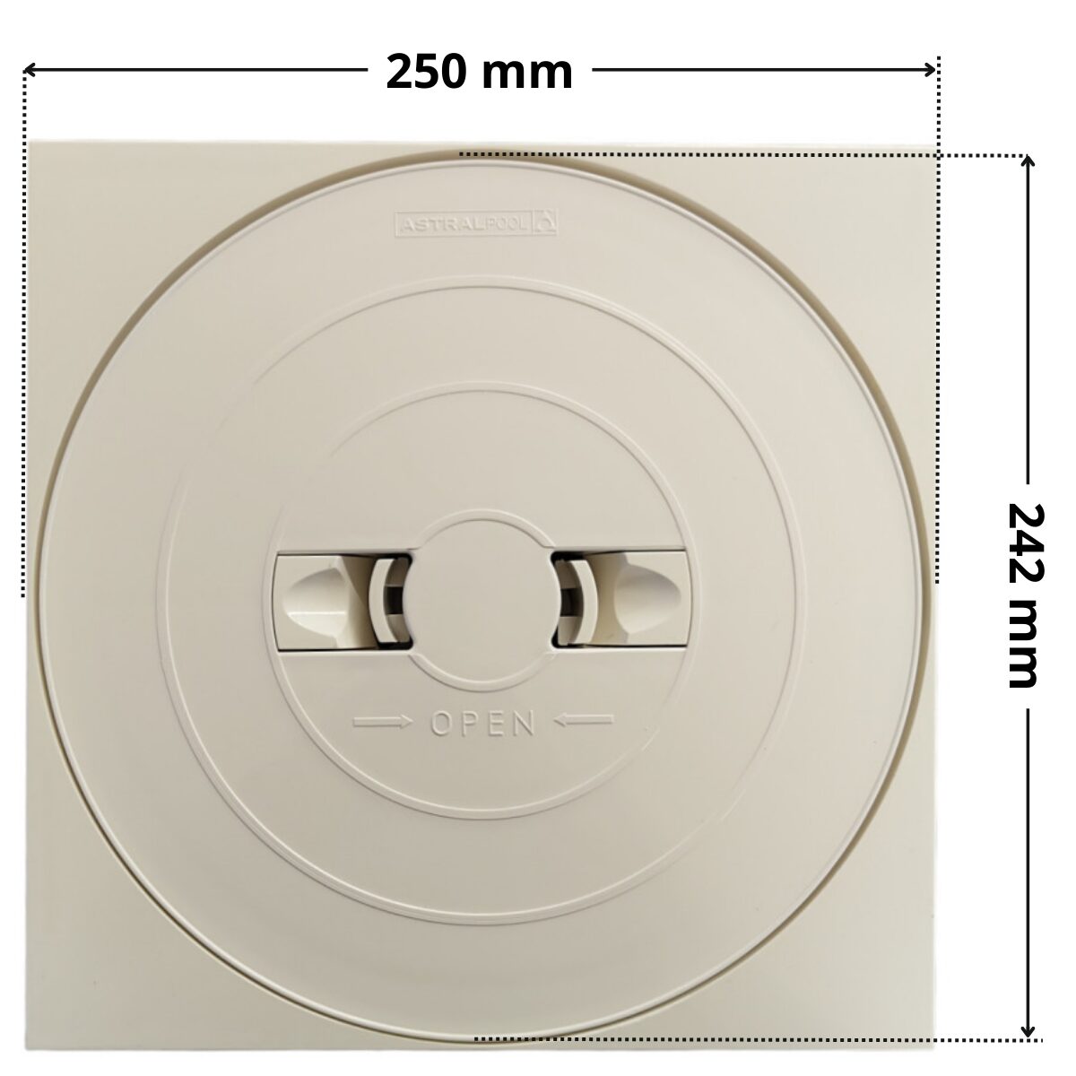 Vista da sopra del kit composto da coperchio rotondo e cornice quadrata ricambio per skimmer bocca larga e bocca stretta, portata 17,5 litri Astralpool con quote dimensionali: ingombro massimo cornice 250 mm diametro coperchio 242 mm