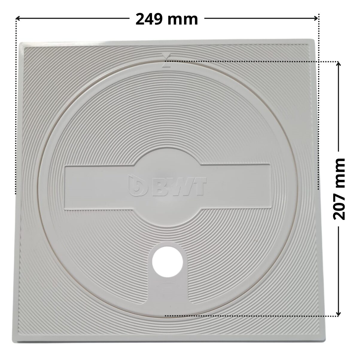 Kit composto da coperchio e cornice ricambio per skimmer classic Aquareva con quote dimensionali: larghezza cornice 249 mm, diametro coperchio 207mm.