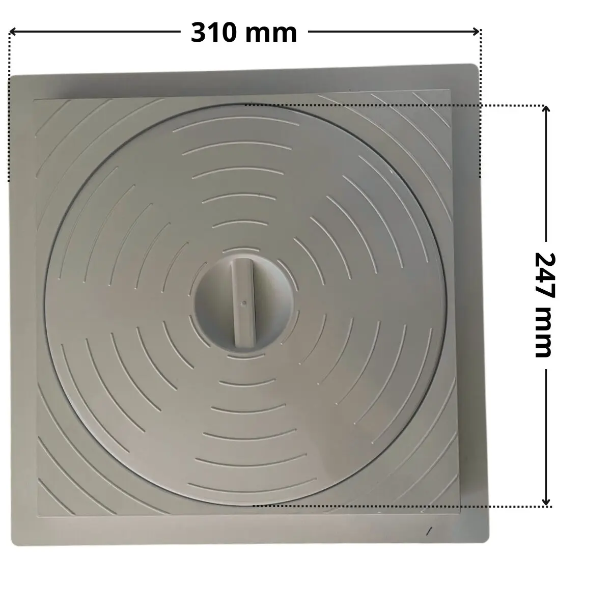 Kit composto da coperchio e cornice ricambio per skimmer Classic, sfioratore dritto e sfioratore ad angolo Aqua con quote dimensionali: larghezza massima cornice 310 mm diametro alloggiamento coperchio 247 mm