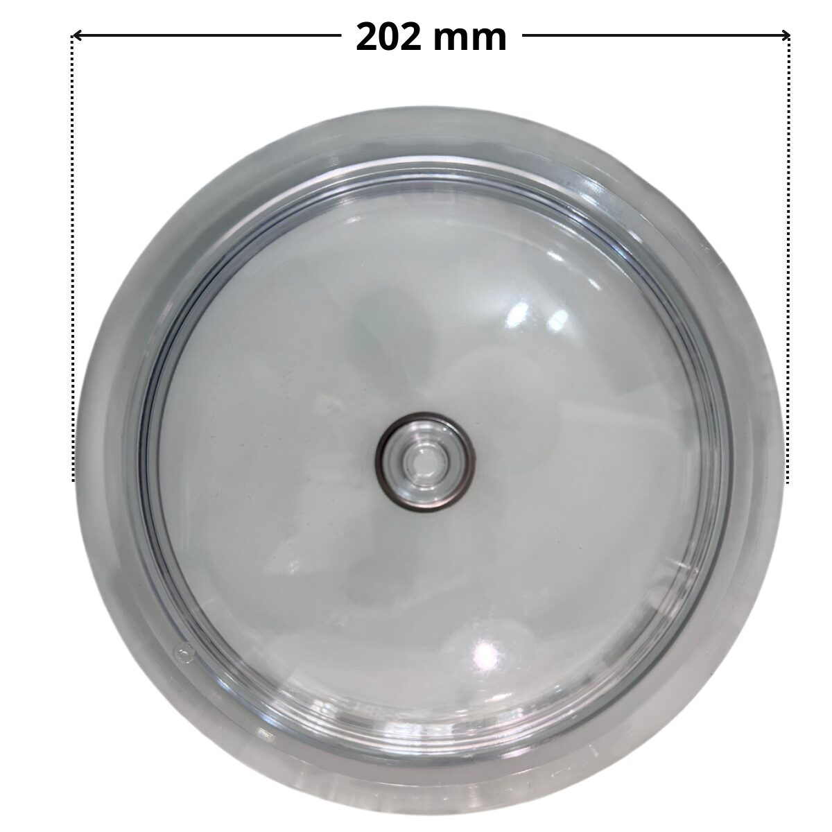 Vista superiore del coperchio ricambio per filtro a sabbia con ghiera di chiusura Millennium Astralpool con quote dimensionali: diametro esterno 202 mm