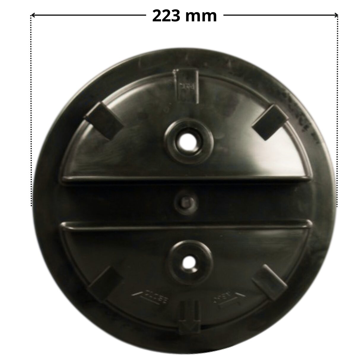 Vista superiore coperchio ricambio per filtro a sabbia Vesuvio Astralpool con quote dimensionali: diametro 223 mm
