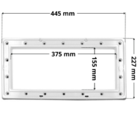 Flangia e viti ricambio per skimmer bocca larga, portata 15 e 17,5 litri Astralpool con foro centrale rettangolare. Dimensioni indicate: larghezza massima esterna 445 mm, altezza massima esterna 227 mm, larghezza massima interna del foro rettangolare 375 mm, altezza interna del foro rettangolare 155 mm.