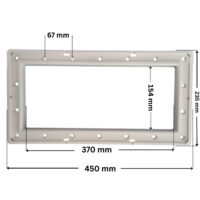 Flangia ricambio per skimmer bocca larga, portata 17,5 litri Astralpool. Dimensioni indicate: larghezza massima esterna 450 mm, altezza massima esterna 235 mm, larghezza massima interna del foro rettangolare 370 mm e altezza massima esterna 154 mm. Interasse fori fissaggio viri superiore 67 mm.
