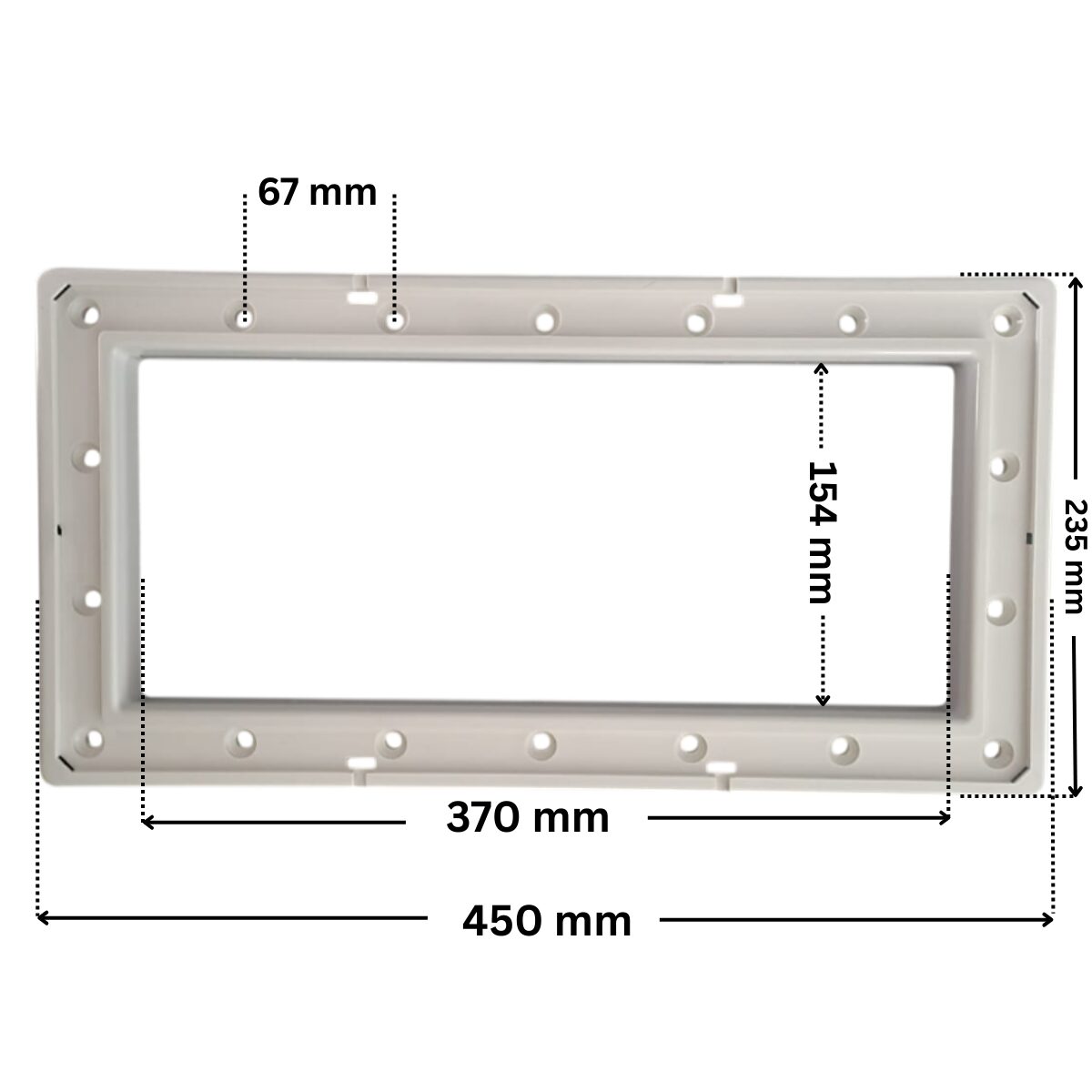 Flangia ricambio per skimmer bocca larga, portata 17,5 litri Astralpool. Dimensioni indicate: larghezza massima esterna 450 mm, altezza massima esterna 235 mm, larghezza massima interna del foro rettangolare 370 mm e altezza massima esterna 154 mm. Interasse fori fissaggio viri superiore 67 mm.