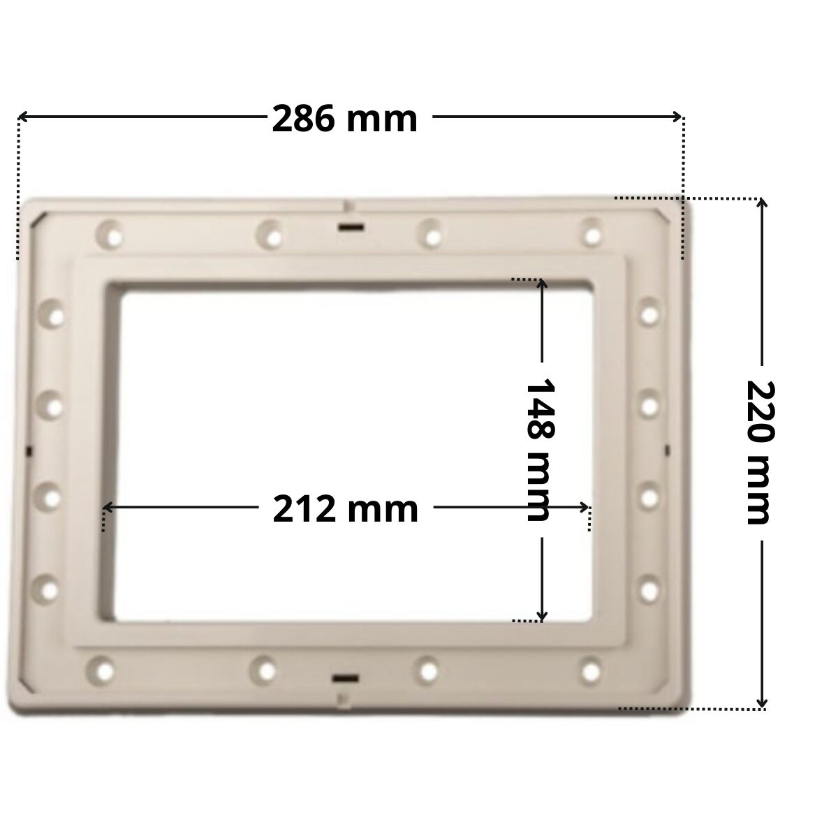 Dimensioni indicate: larghezza massima esterna 286 mm, altezza massima esterna 220 mm, larghezza massima interna del foro rettangolare 212 mm e altezza massima esterna 148 mm.