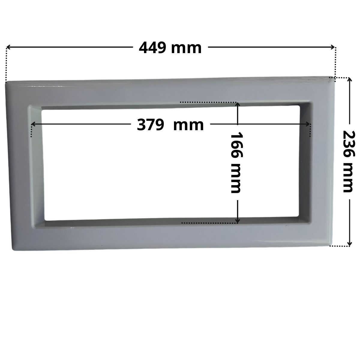 Copriflangia ricambio per skimmer Classic Aqua. Dimensioni indicate: larghezza massima esterna 449 mm, altezza massima esterna 236 mm, larghezza massima interna del foro rettangolare 379 mm e altezza massima interna 166 mm.