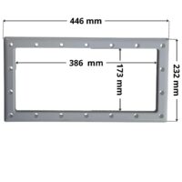 Flangia ricambio per skimmer Classic Aqua. Dimensioni indicate: larghezza massima esterna 446 mm, altezza massima esterna 232 mm, larghezza massima interna del foro rettangolare 386 mm e altezza massima interna 173 mm.