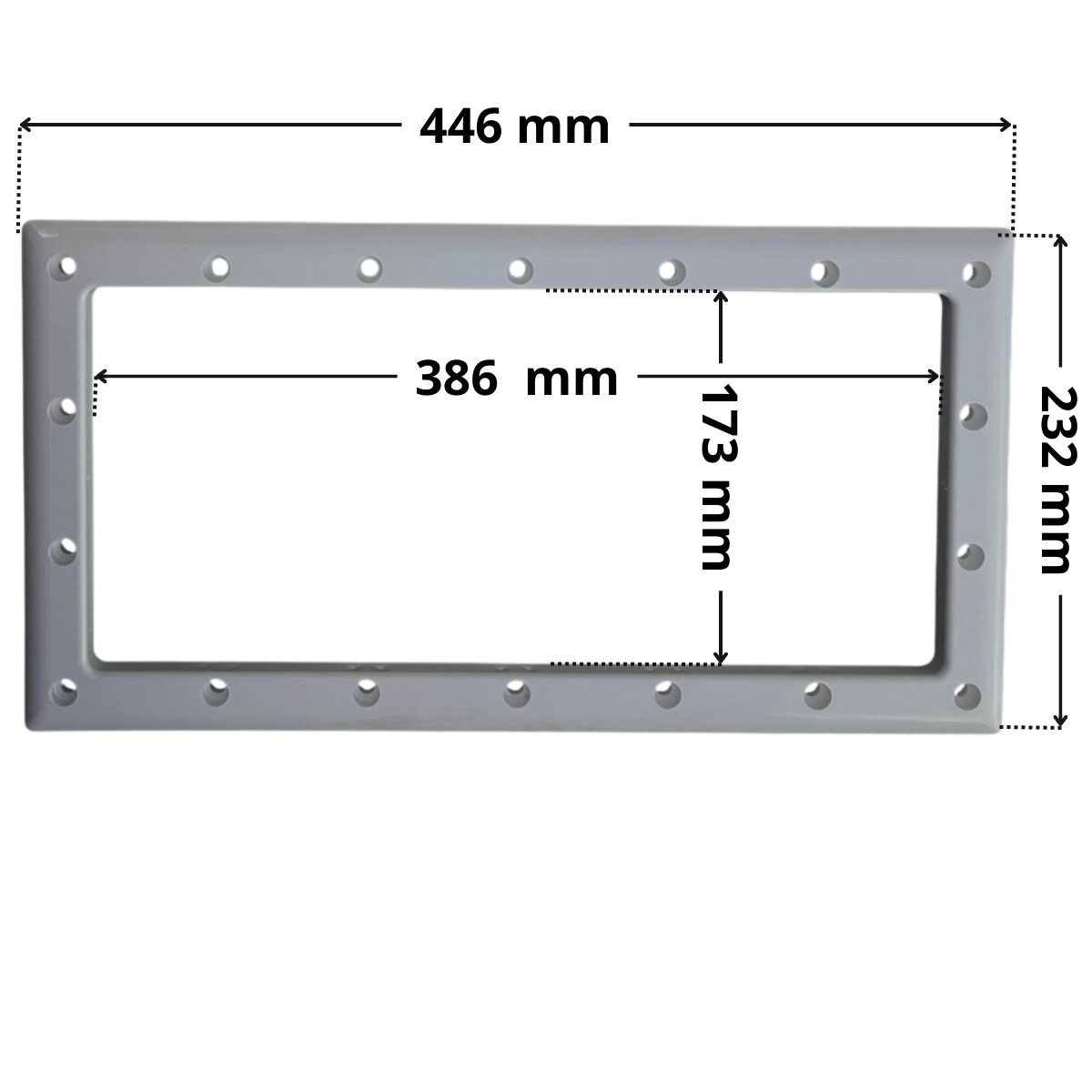 Flangia ricambio per skimmer Classic Aqua. Dimensioni indicate: larghezza massima esterna 446 mm, altezza massima esterna 232 mm, larghezza massima interna del foro rettangolare 386 mm e altezza massima interna 173 mm.