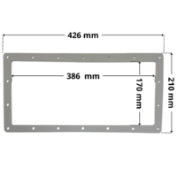 Guarnizione ricambio per skimmer Classic Aqua. Dimensioni indicate: larghezza massima esterna 426 mm, altezza massima esterna 210 mm, larghezza massima interna del foro rettangolare 386 mm e altezza massima interna 170 mm.