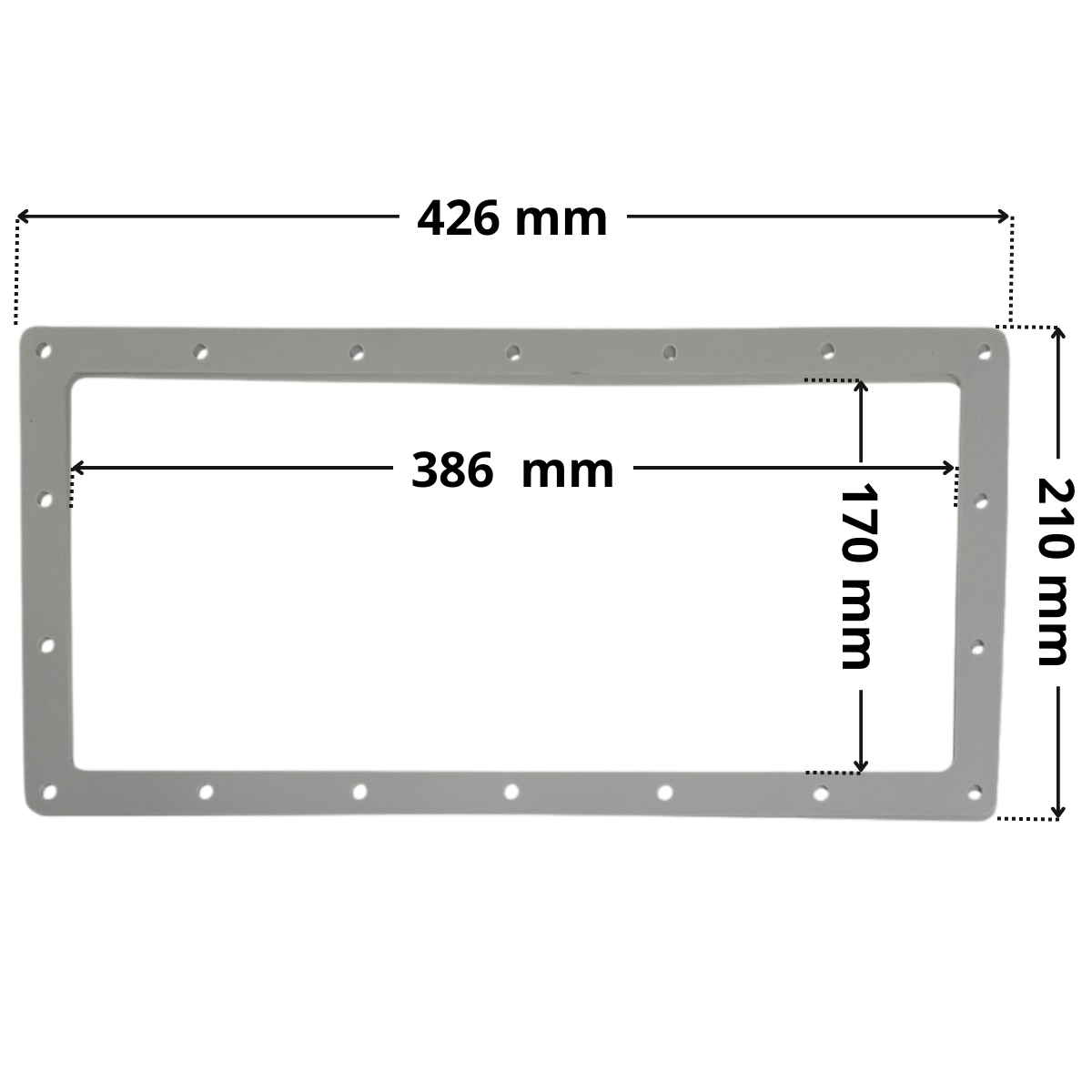 Guarnizione ricambio per skimmer Classic Aqua. Dimensioni indicate: larghezza massima esterna 426 mm, altezza massima esterna 210 mm, larghezza massima interna del foro rettangolare 386 mm e altezza massima interna 170 mm.