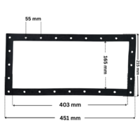 Guarnizione ricambio per skimmer Classic Aquareva. Dimensioni indicate: larghezza massima esterna 451 mm, altezza massima esterna 215 mm, larghezza massima interna del foro rettangolare 403 mm e altezza massima interna 165 mm. Interasse fori fissaggio viri superiore 55 mm