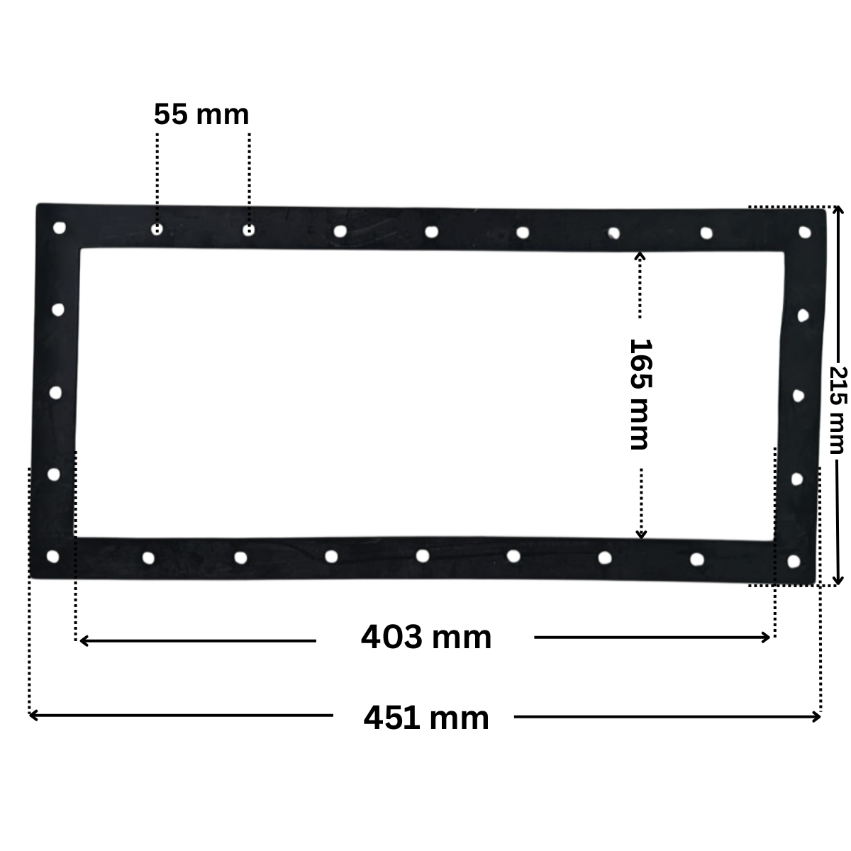 Guarnizione ricambio per skimmer Classic Aquareva. Dimensioni indicate: larghezza massima esterna 451 mm, altezza massima esterna 215 mm, larghezza massima interna del foro rettangolare 403 mm e altezza massima interna 165 mm. Interasse fori fissaggio viri superiore 55 mm