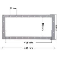 Flangia ricambio per skimmer Classic Aquareva. Dimensioni indicate: larghezza massima esterna 453 mm, altezza massima esterna 214 mm, larghezza massima interna del foro rettangolare 405 mm e altezza massima esterna 166 mm. Interasse fori fissaggio viri superiore 5,3 mm