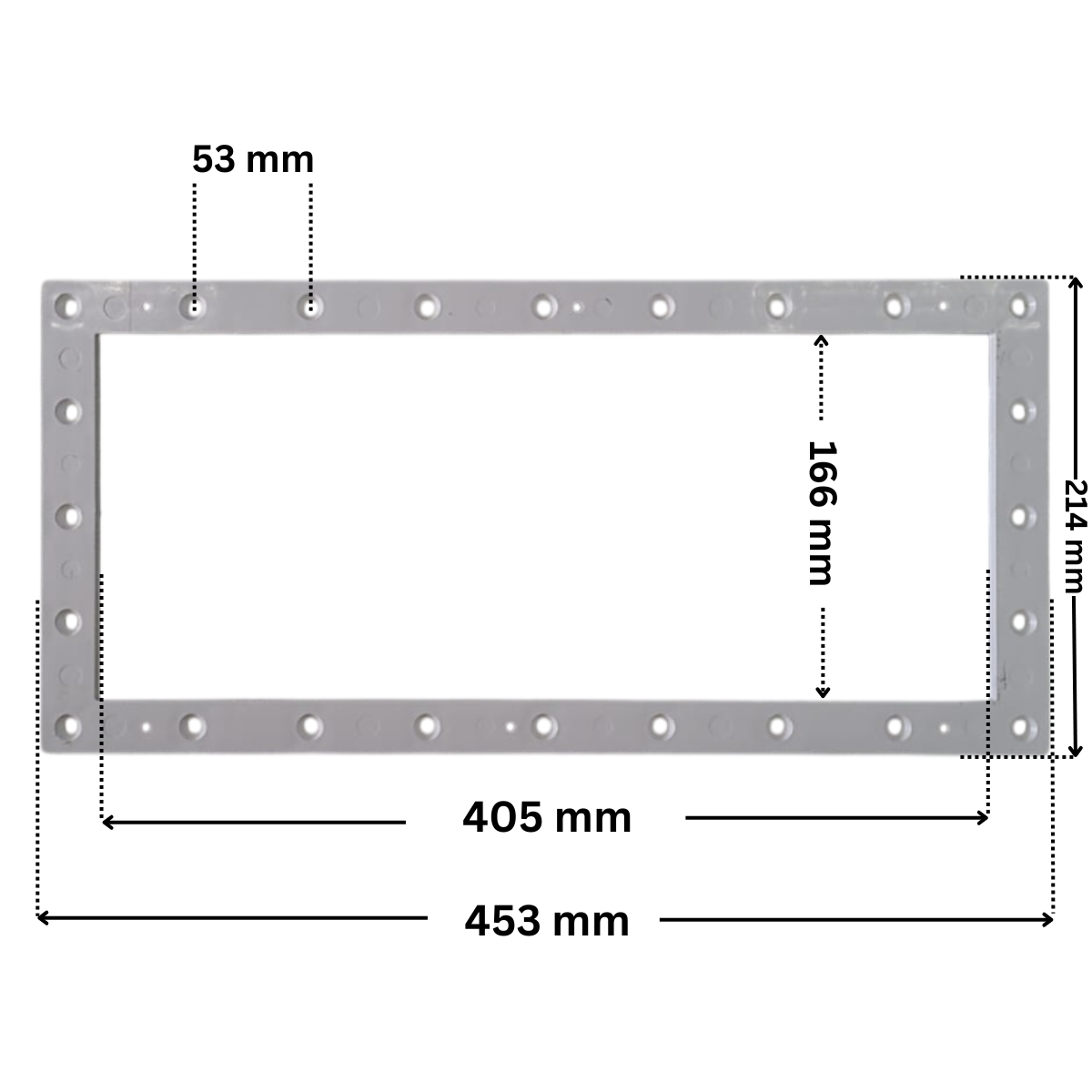 Flangia ricambio per skimmer Classic Aquareva. Dimensioni indicate: larghezza massima esterna 453 mm, altezza massima esterna 214 mm, larghezza massima interna del foro rettangolare 405 mm e altezza massima esterna 166 mm. Interasse fori fissaggio viri superiore 5,3 mm