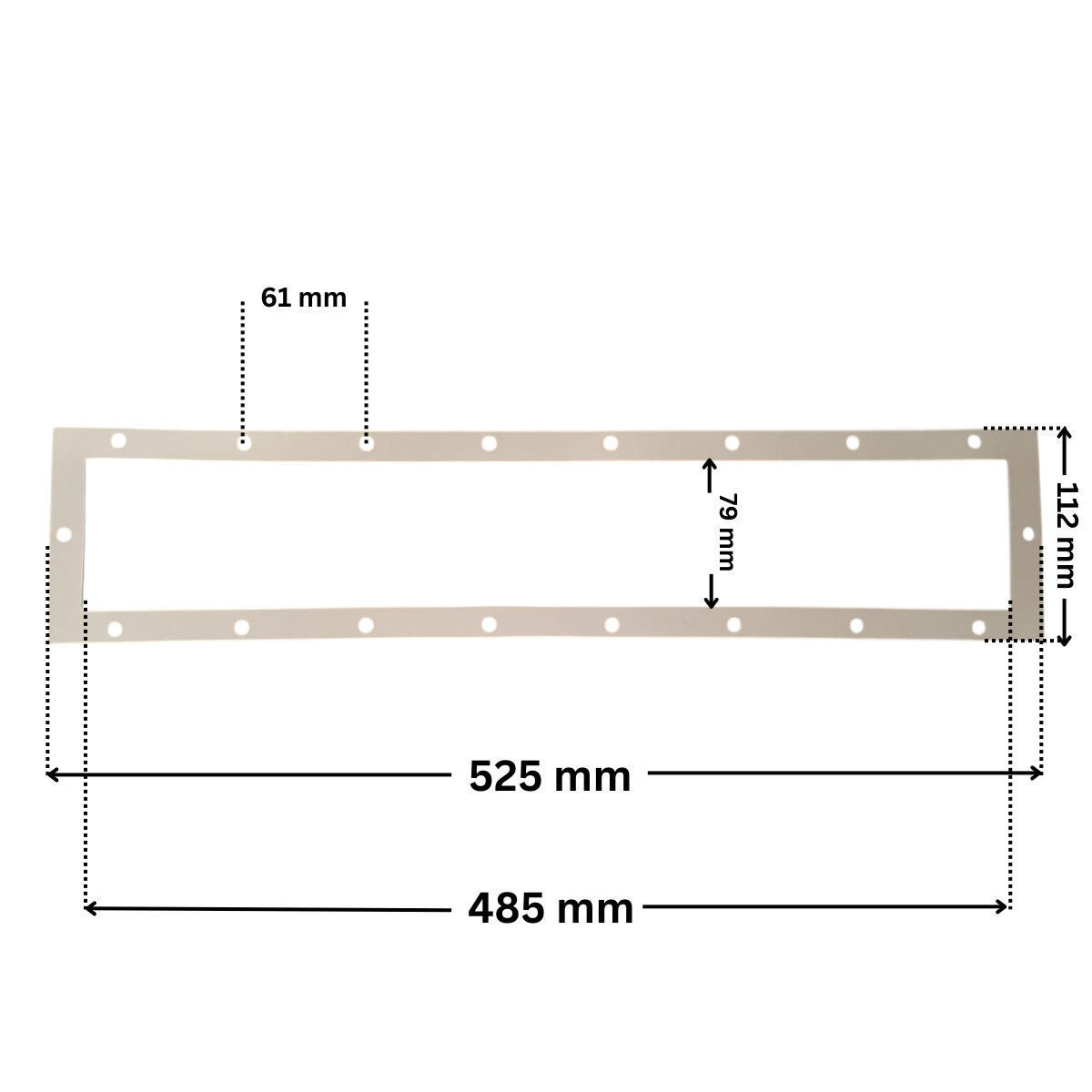 Guarnizione ricambio per skimmer sfioratore ad angolo Aqua. Dimensioni indicate: larghezza massima esterna 525 mm, altezza massima esterna 112 mm, larghezza massima interna del foro rettangolare 485 mm e altezza massima esterna 79 mm. Interasse fori fissaggio viri superiore 61,81 mm.