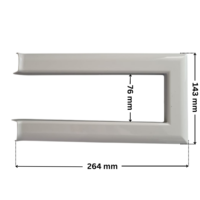 Parte copriflangia ricambio per skimmer sfioratore ad angolo Aqua. Dimensioni indicate: larghezza massima esterna 264 mm, altezza massima esterna 143 mm e altezza massima interna 76 mm.