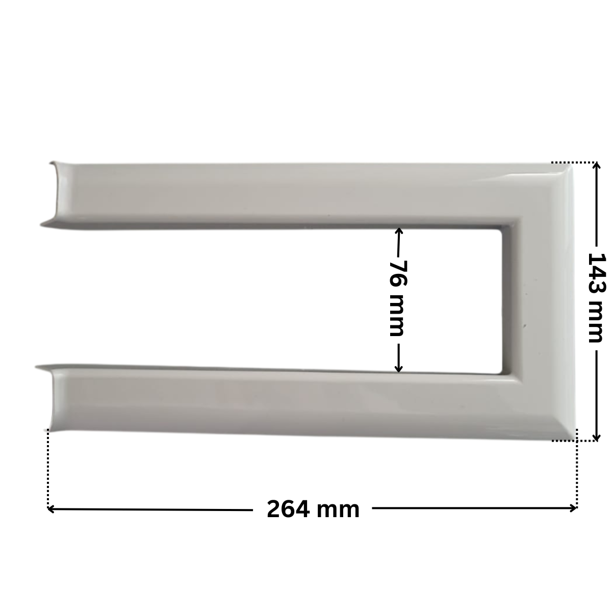 Parte copriflangia ricambio per skimmer sfioratore ad angolo Aqua. Dimensioni indicate: larghezza massima esterna 264 mm, altezza massima esterna 143 mm e altezza massima interna 76 mm.