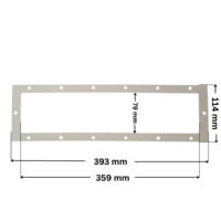 Guarnizione ricambio per skimmer sfioratore ad angolo Aqua. Dimensioni indicate: larghezza massima esterna 393 mm, altezza massima esterna 114 mm, larghezza massima interna del foro rettangolare 359 mm e altezza massima esterna 79 mm.