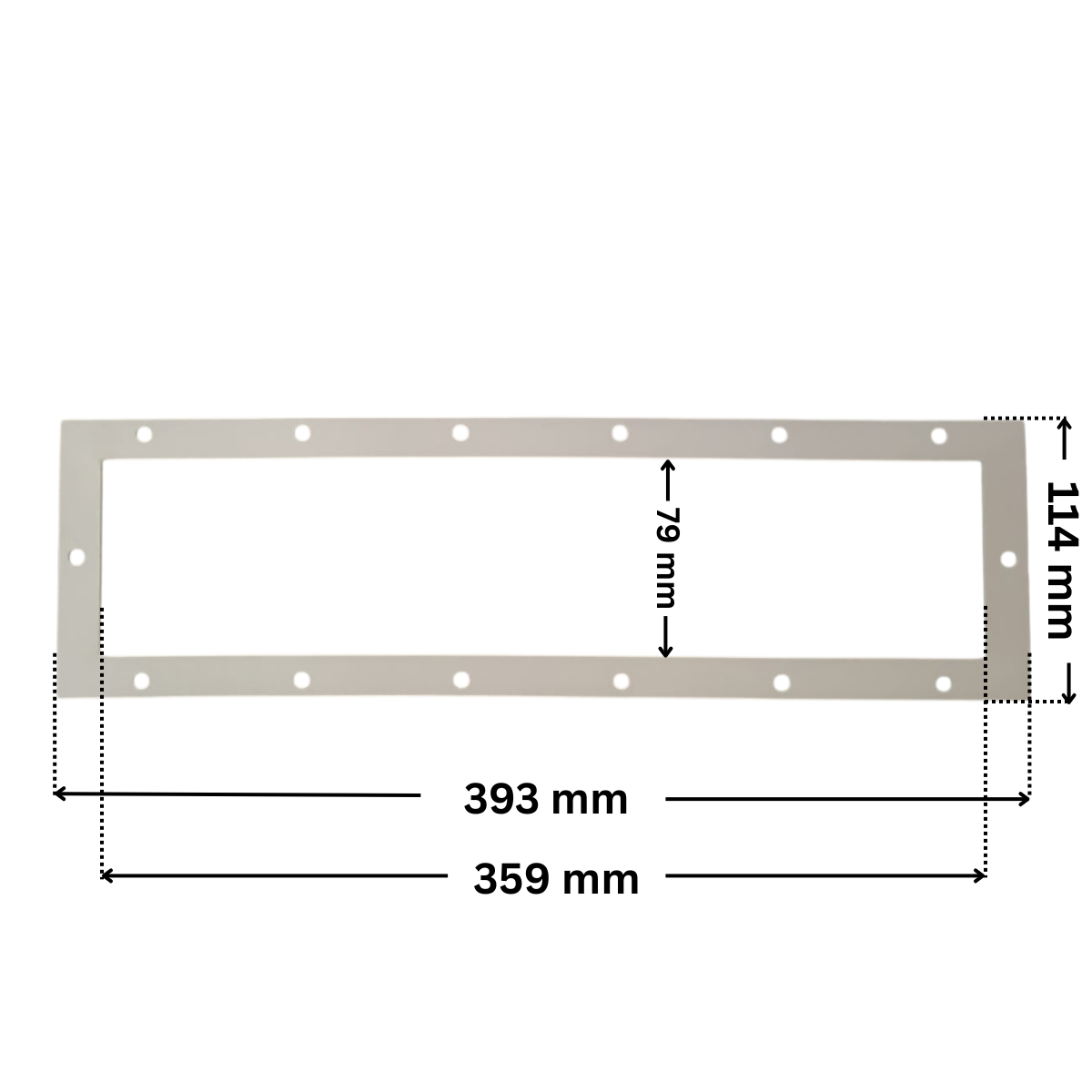 Guarnizione ricambio per skimmer sfioratore ad angolo Aqua. Dimensioni indicate: larghezza massima esterna 393 mm, altezza massima esterna 114 mm, larghezza massima interna del foro rettangolare 359 mm e altezza massima esterna 79 mm.
