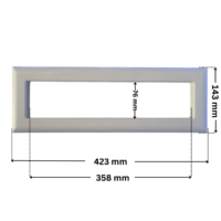 Parte copriflangia ricambio per skimmer sfioratore ad angolo Aqua. Dimensioni indicate: larghezza massima esterna 423 mm, altezza massima esterna 143 mm, larghezza massima interna 358 mm e altezza massima interna 76 mm.