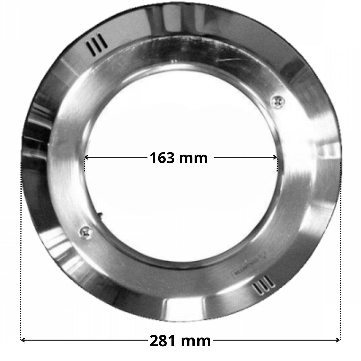 Vista frontale del copriflangia inox con viti incorporate ricambio per faro subacqueo Standard e Lumiplus PAR56 Astralpool con quote dimensionali; diametro foro centrale 163 mm e diametro esterno 281 mm