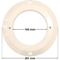 Vista frontale del copriflangia con viti incorporate ricambio per faro subacqueo Standard e Lumiplus PAR56 Astralpool con quote dimensionali; diametro foro centrale 163 mm e diametro esterno 281 mm