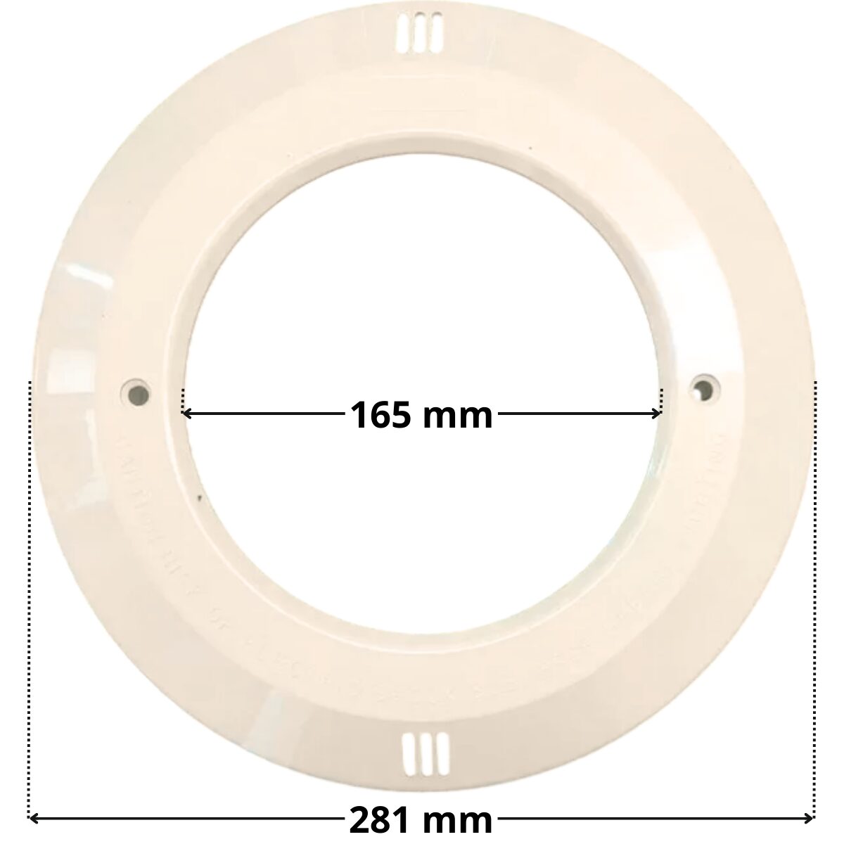 Vista frontale del copriflangia con viti incorporate ricambio per faro subacqueo Standard e Lumiplus PAR56 Astralpool con quote dimensionali; diametro foro centrale 163 mm e diametro esterno 281 mm