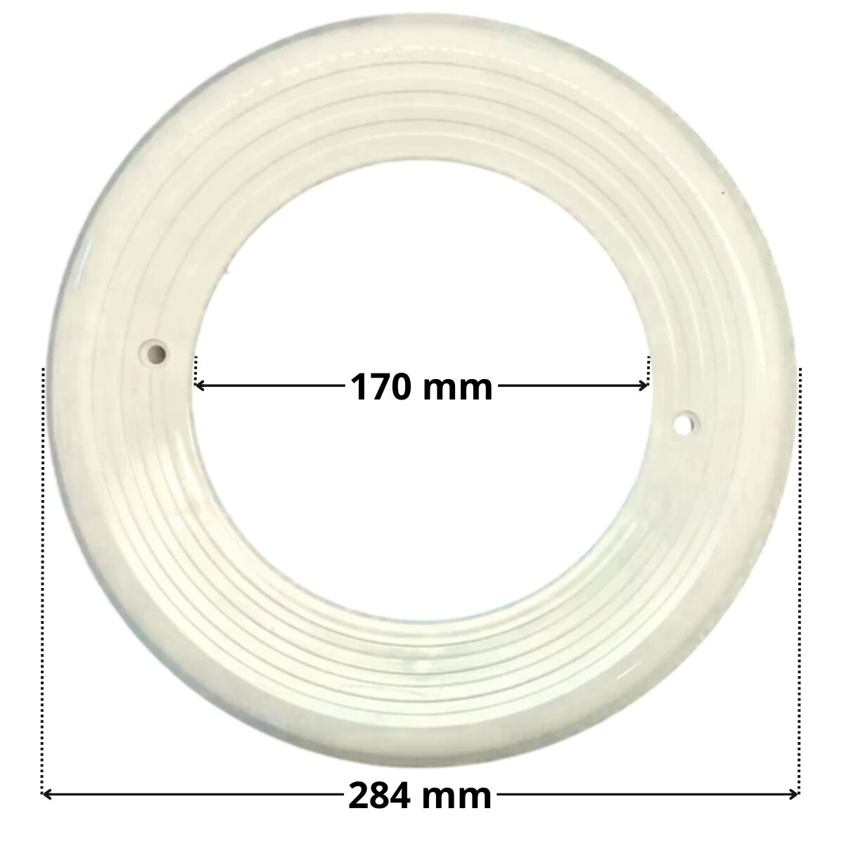 Vista frontale del copriflangia ricambio per faro subacqueo PS Astralpool quote dimensionali: diametro interno 170 mm e diametro esterno284 mm.