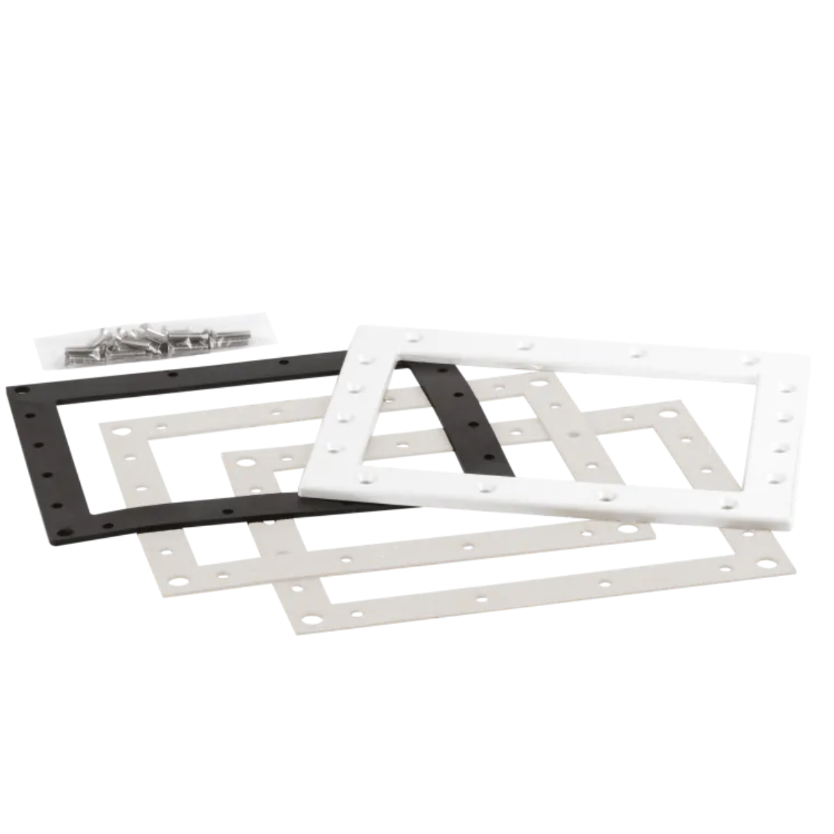 Kit composto da flange, guarnizioni e viti ricambio per skimmer bocca piccola Pool’s composto da: una flangia in ABS, due guarnizioni in SBR bianche con adesivo una guarnizione sandwich in EPDM, due viti TPS 5 x 12 in acciaio inox A4, sedici viti TPS 6 x 25 in acciaio inox A4.