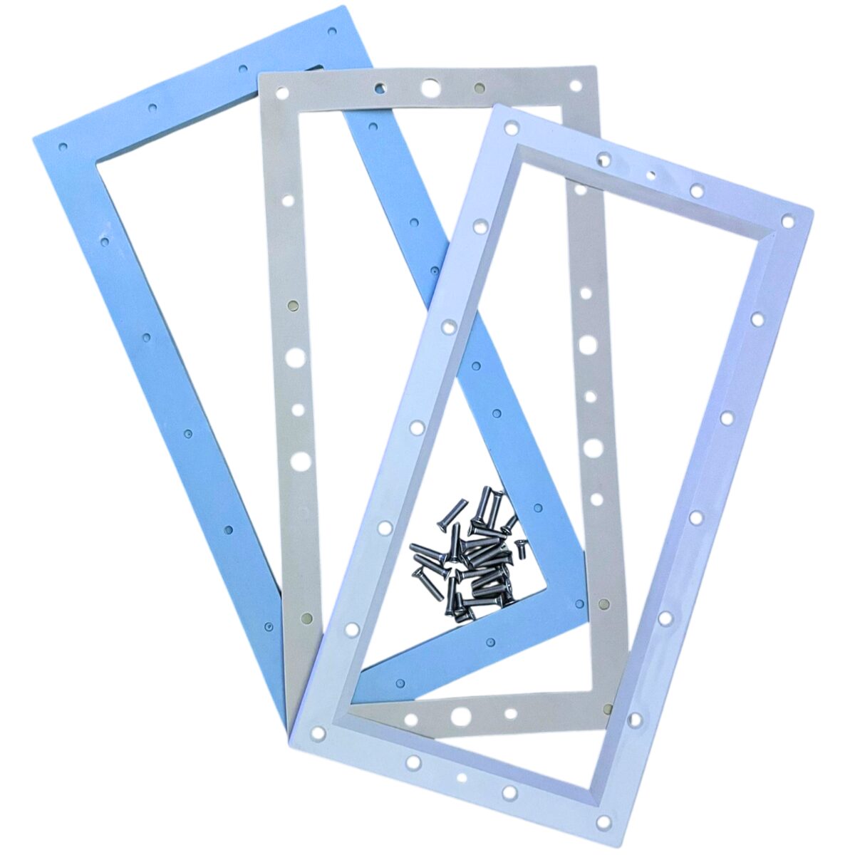 Kit composto da una flangia, una guarnizione, una guarnizione sandwich e viti ricambio per skimmer bocca larga Pool