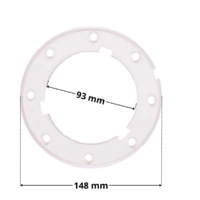 Kit composto da flangia e viti ricambio per faro subacqueo dicroico Astralpool con quote dimensionali diametro esterno 148 mm diametro foro centrale 93 mm