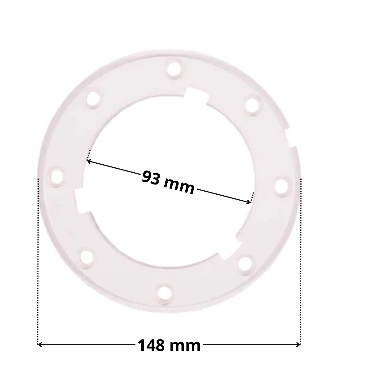 Kit composto da flangia e viti ricambio per faro subacqueo dicroico Astralpool con quote dimensionali diametro esterno 148 mm diametro foro centrale 93 mm